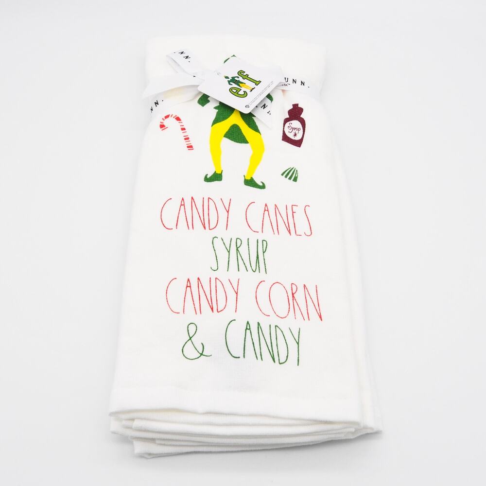 Rae Dunn Elf "CANDY CANES SYRUP CANDY CORN & CANDY" Kitchen Towel Set of 2
